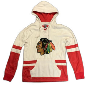 CCM NHL Chicago Blackhawks Ivory Red Lace Up LS Hooded Sweatshirt Size S